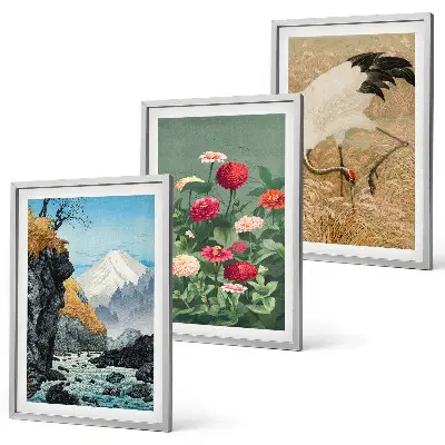 Juego de 3 cuadros con diseño de paisaje de montañas, río, flores y grullas