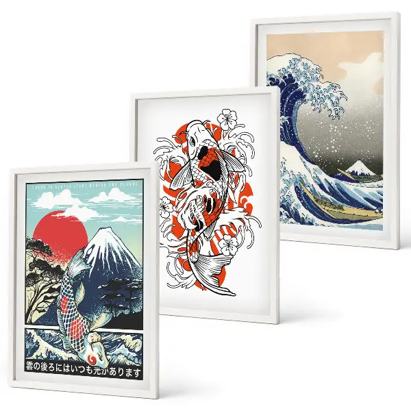 Cuadros decorativos de la Gran Ola de Japón juego de 3 piezas con diseño de montañas y peces