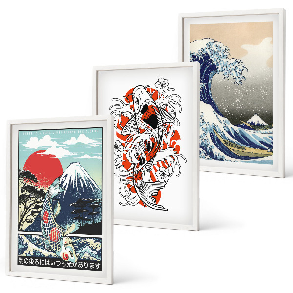 Juego de 3 cuadros Montañas de peces Gran Ola de Japón