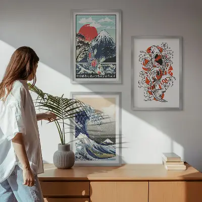 Cuadros decorativos de la Gran Ola de Japón juego de 3 piezas con diseño de montañas y peces