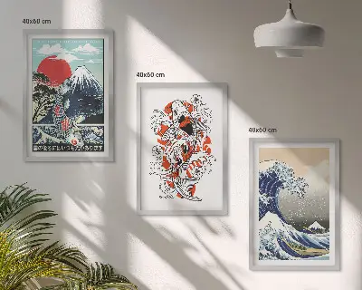 Cuadros decorativos de la Gran Ola de Japón juego de 3 piezas con diseño de montañas y peces