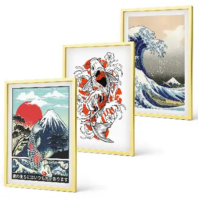 Cuadros decorativos de la Gran Ola de Japón juego de 3 piezas con diseño de montañas y peces