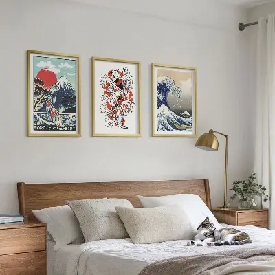 Cuadros decorativos de la Gran Ola de Japón juego de 3 piezas con diseño de montañas y peces