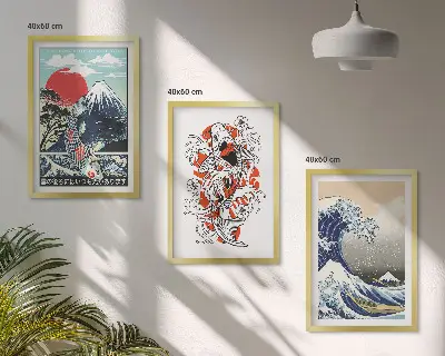 Cuadros decorativos de la Gran Ola de Japón juego de 3 piezas con diseño de montañas y peces