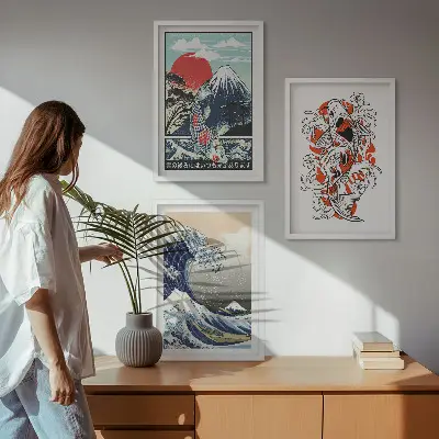 Cuadros decorativos de la Gran Ola de Japón juego de 3 piezas con diseño de montañas y peces