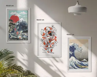 Cuadros decorativos de la Gran Ola de Japón juego de 3 piezas con diseño de montañas y peces