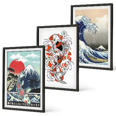 Cuadros decorativos de la Gran Ola de Japón juego de 3 piezas con diseño de montañas y peces