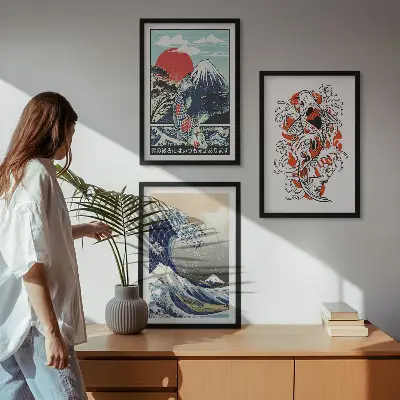 Cuadros decorativos de la Gran Ola de Japón juego de 3 piezas con diseño de montañas y peces