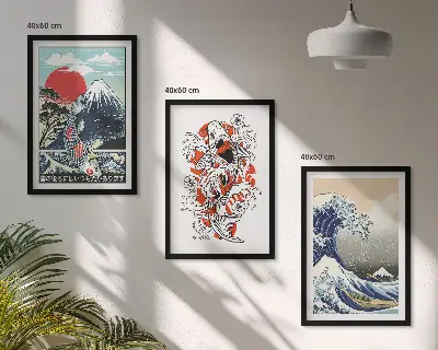 Cuadros decorativos de la Gran Ola de Japón juego de 3 piezas con diseño de montañas y peces