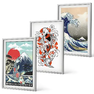 Cuadros decorativos de la Gran Ola de Japón juego de 3 piezas con diseño de montañas y peces