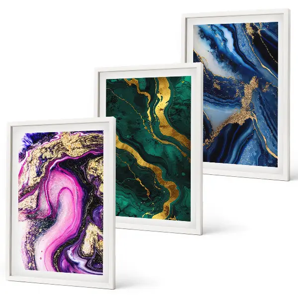 Juego de 3 cuadros con patrones abstractos en tonos verde y rosa