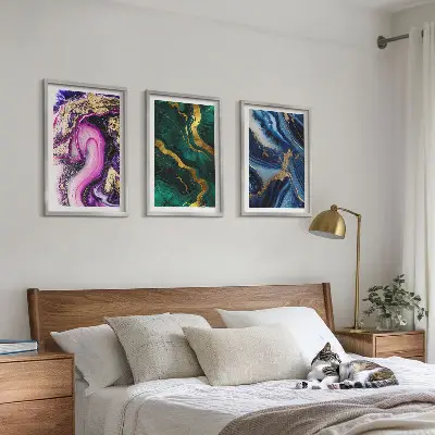 Juego de 3 cuadros con patrones abstractos en tonos verde y rosa