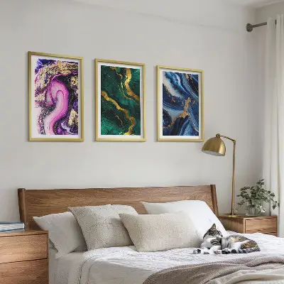 Juego de 3 cuadros con patrones abstractos en tonos verde y rosa