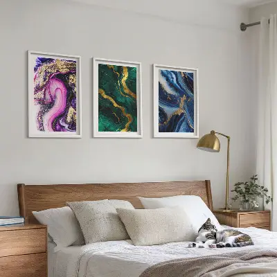 Juego de 3 cuadros con patrones abstractos en tonos verde y rosa