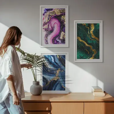 Juego de 3 cuadros con patrones abstractos en tonos verde y rosa