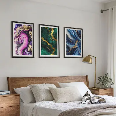 Juego de 3 cuadros con patrones abstractos en tonos verde y rosa
