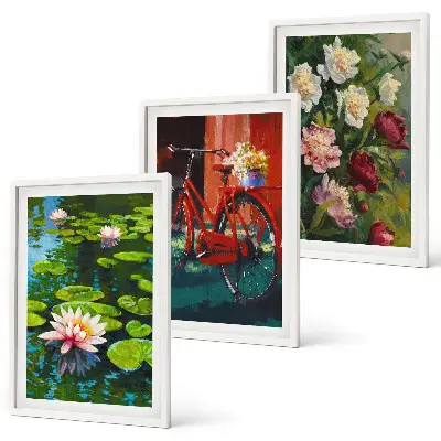 Set de 3 cuadros para salón con diseño de lirios en un jardín de flores coloridas