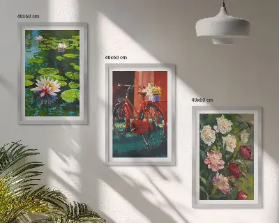 Set de 3 cuadros para salón con diseño de lirios en un jardín de flores coloridas