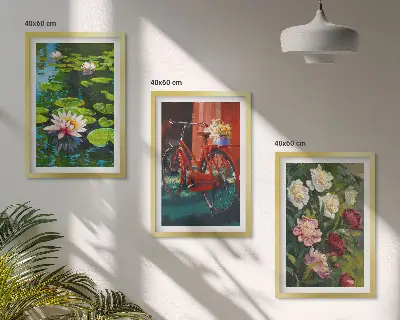 Set de 3 cuadros para salón con diseño de lirios en un jardín de flores coloridas