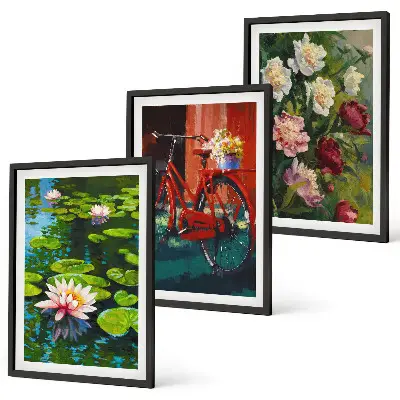 Set de 3 cuadros para salón con diseño de lirios en un jardín de flores coloridas