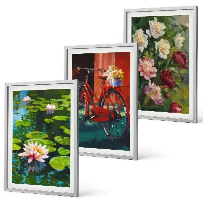 Set de 3 cuadros para salón con diseño de lirios en un jardín de flores coloridas