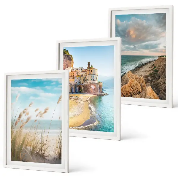 Juego de 3 cuadros con paisajes de playa, acantilados y ciudad