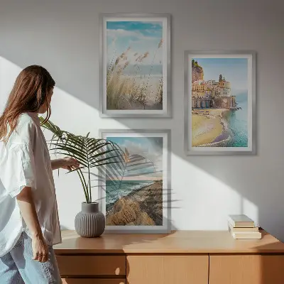 Juego de 3 cuadros con paisajes de playa, acantilados y ciudad