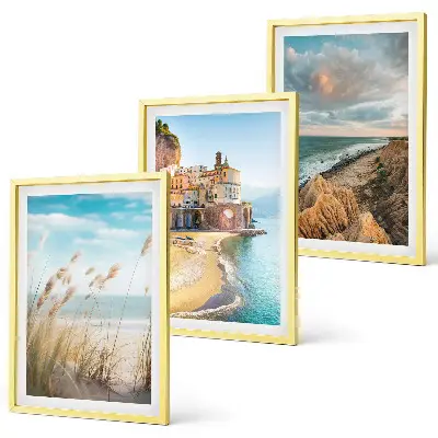 Juego de 3 cuadros con paisajes de playa, acantilados y ciudad