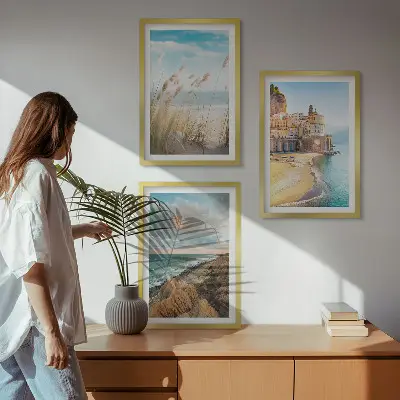 Juego de 3 cuadros con paisajes de playa, acantilados y ciudad