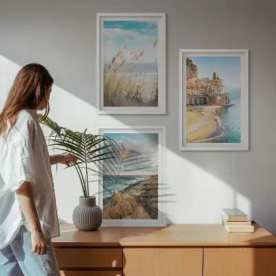Juego de 3 cuadros con paisajes de playa, acantilados y ciudad