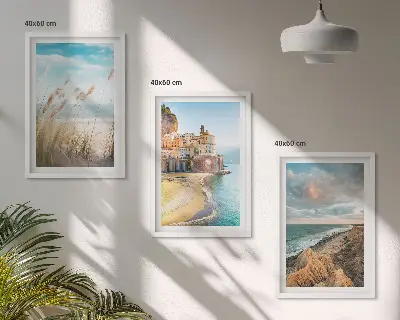 Juego de 3 cuadros con paisajes de playa, acantilados y ciudad