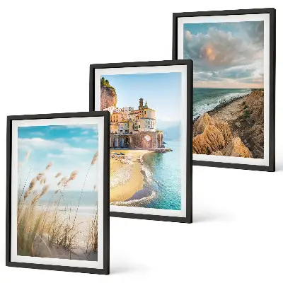 Juego de 3 cuadros con paisajes de playa, acantilados y ciudad