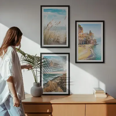 Juego de 3 cuadros con paisajes de playa, acantilados y ciudad