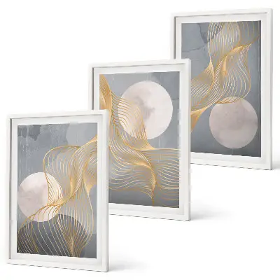 Set de 3 cuadros para salón con patrones abstractos de ondas y círculos