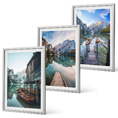 Juego de 3 cuadros barcos de madera de las montañas del lago