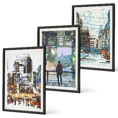 Set de 3 cuadros para salón Personajes coloridos de las ciudades modernas