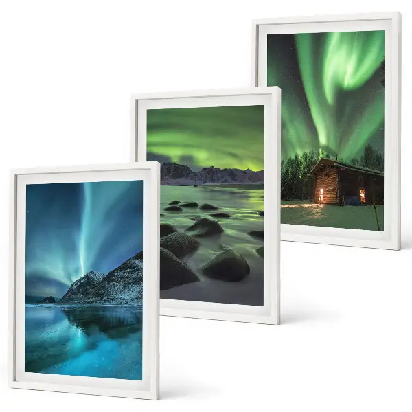 Set de 3 cuadros decorativos para salón con paisajes de montañas e auroras boreales