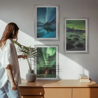 Set de 3 cuadros decorativos para salón con paisajes de montañas e auroras boreales