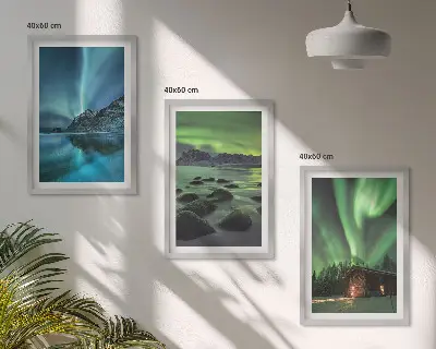 Set de 3 cuadros decorativos para salón con paisajes de montañas e auroras boreales