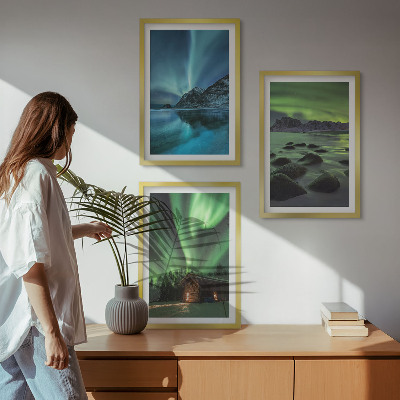 Set de 3 cuadros para salón Paisajes invernales, montañas con auroras boreales