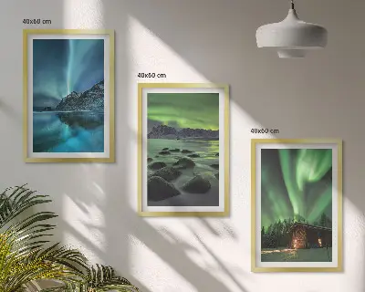 Set de 3 cuadros decorativos para salón con paisajes de montañas e auroras boreales
