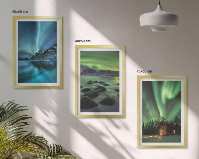 Set de 3 cuadros para salón Paisajes invernales, montañas con auroras boreales
