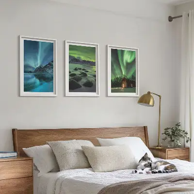 Set de 3 cuadros decorativos para salón con paisajes de montañas e auroras boreales