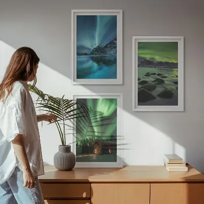 Set de 3 cuadros decorativos para salón con paisajes de montañas e auroras boreales