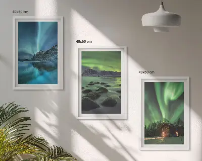 Set de 3 cuadros decorativos para salón con paisajes de montañas e auroras boreales