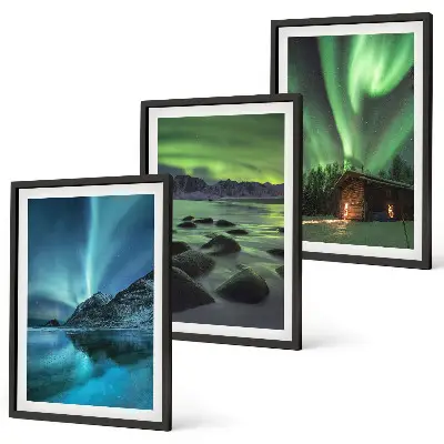 Set de 3 cuadros decorativos para salón con paisajes de montañas e auroras boreales