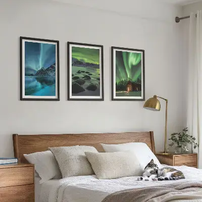 Set de 3 cuadros decorativos para salón con paisajes de montañas e auroras boreales