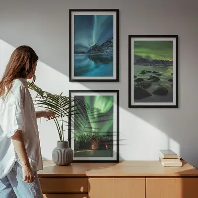 Set de 3 cuadros decorativos para salón con paisajes de montañas e auroras boreales