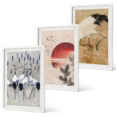 Juego de 3 cuadros Paisaje de grullas japonesas