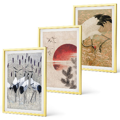 Juego de 3 cuadros Paisaje de grullas japonesas